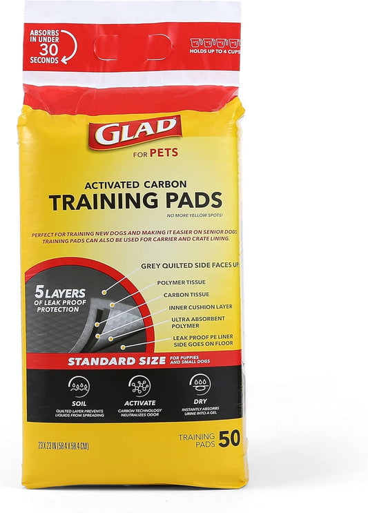 Glad for Pets Black Charcoal Dog Pads - Super Absorbent, Disposable Pee Pads for Puppy Potty Training & Indoor Use - 23" x 23" - 50 Count - 2 Pack