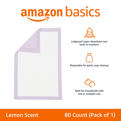 Amazon Basics Cat Pee Pads, 80 Count, Universal Fit for Litter Box, Odor Control with Lemon Scent, White/Purple