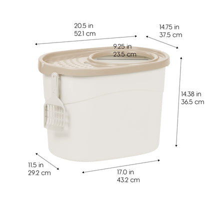 IRIS USA Cat Litter Box, Large Top Entry with Litter Catching Lid and Scoop, Dog Proof, Enclosed Cat Litter Box, White/Beige