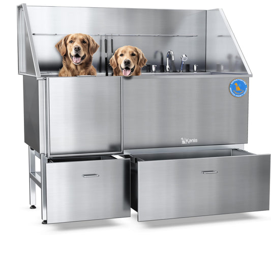 KANIS Professional Stainless Steel Dog Bathing Station - Grooming Tub w/Ramp, Storage Drawer, Floor Grate & Faucet/Dog Bathtub for Large, Medium & Small Pets (50", Left RAMP - 1 Drawer)