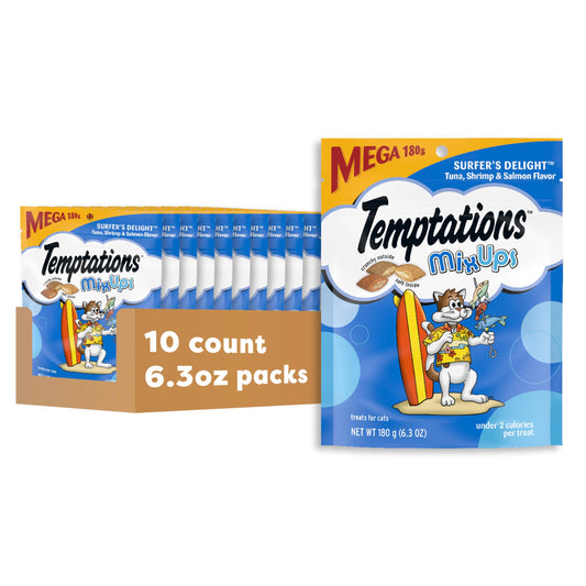TEMPTATIONS MIXUPS Crunchy and Soft Cat Treats Surfer's Delight Flavor, 6.3 oz. Pouch, Pack of 10