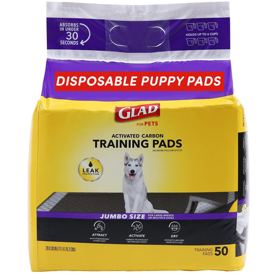 Glad for Pets JUMBOSIZE/XL Charcoal Puppy Pads, AllinOne Black Training Pads That ABSORB & Neutralize Urine Instantly New & Improved Quality, 50 Count (Pack of 1)