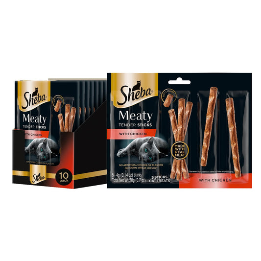 Sheba Meaty Tender Sticks Soft Cat Treats with Chicken, 0.14 oz., 5 Count (Pack of 10)