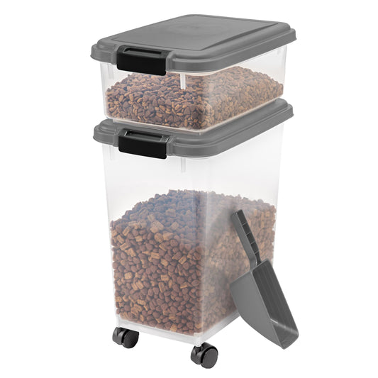 IRIS USA Dog Food Storage Container, 30 lbs & 11 lbs Combo, Cat Food Storage Container, Dog Treat Container, Airtight, Stackable, 2-Cup Scoop, Wheels, Easy Mobility, Dark Gray