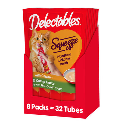 Delectables Squeeze Up Creamy Squeezable Puree, Lickable Wet Cat Treats, Grain Free, No Added Fillers, No By-Products, No Added Preservatives, 0.5 Ounces Tube Chicken with Catnip, 32 Tubes Total