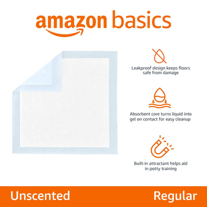Amazon Basics Dog and Puppy Pee Pads with Leak-Proof Quick-Dry Design for Potty Training, Standard Absorbency, Regular Size, 22 x 22 Inches, Pack of 100, Blue & White - topratednest