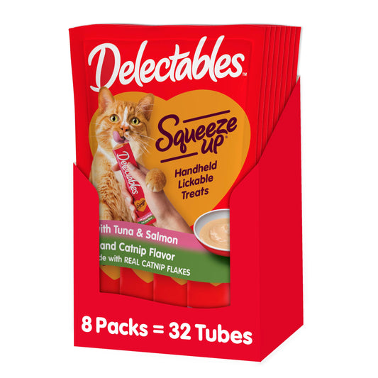 Delectables Squeeze Up Creamy Squeezable Puree, Lickable Wet Cat Treats, Grain Free, No Added Fillers, No By-Products, No Added Preservatives, 0.5 Ounces Tube Tuna & Salmon with Catnip, 32 Tubes Total