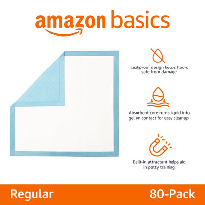 Amazon Basics Dog and Puppy Pee Pads with 5-Layer Leak-Proof Design and Quick-Dry Surface for Potty Training, Heavy Duty Absorbency, Regular, 24 x 23 Inch, Regular (80 Count), Blue & White - topratednest
