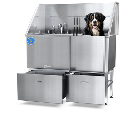KANIS Professional Stainless Steel Dog Bathing Station - Grooming Tub w/Ramp, Storage Drawer, Floor Grate & Faucet/Dog Bathtub for Large, Medium & Small Pets (50", Left RAMP - 1 Drawer)