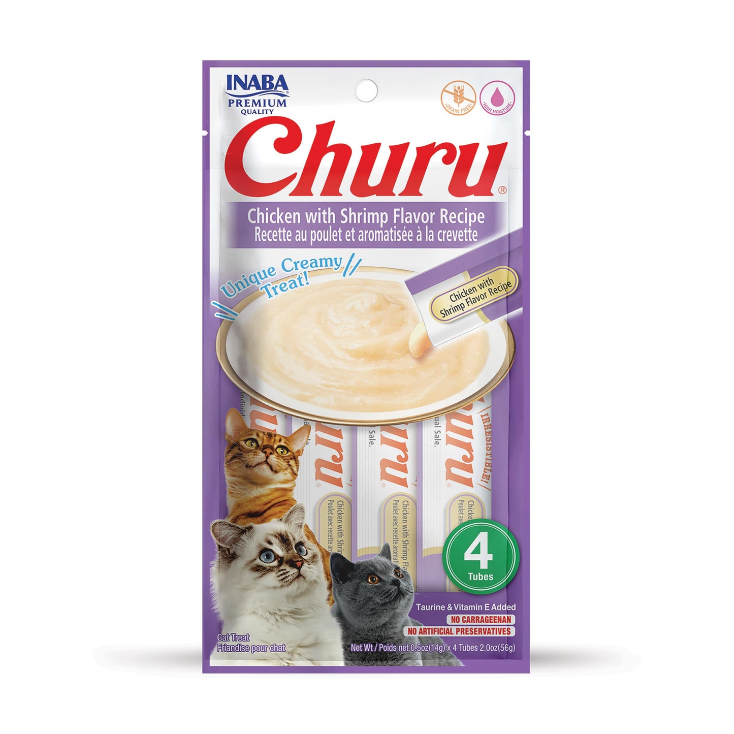 INABA Churu Cat Treats, Grain-Free, Lickable, Squeezable Creamy Purée Cat Treat/Topper with Vitamin E & Taurine, 0.5 Ounces Each Tube, 4 Tubes, Chicken with Shrimp Recipe