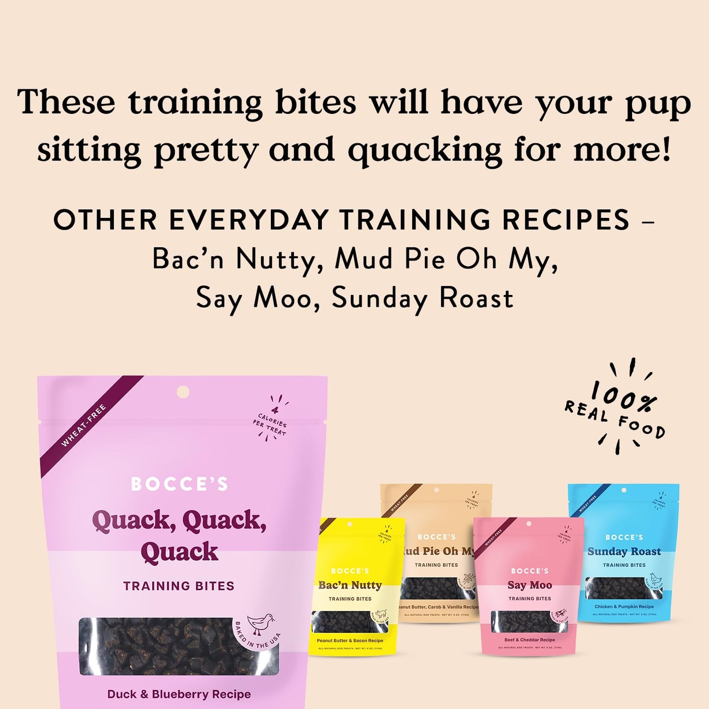 Bocce's Bakery Quack, Quack, Quack Training Treats for Dogs, Wheat-Free Dog Treats, Made with Real Ingredients, Baked in The USA, All-Natural & Low Calorie Training Bites, Duck & Blueberry, 6 oz