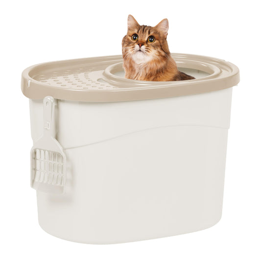 IRIS USA Cat Litter Box, Large Top Entry with Litter Catching Lid and Scoop, Dog Proof, Enclosed Cat Litter Box, White/Beige