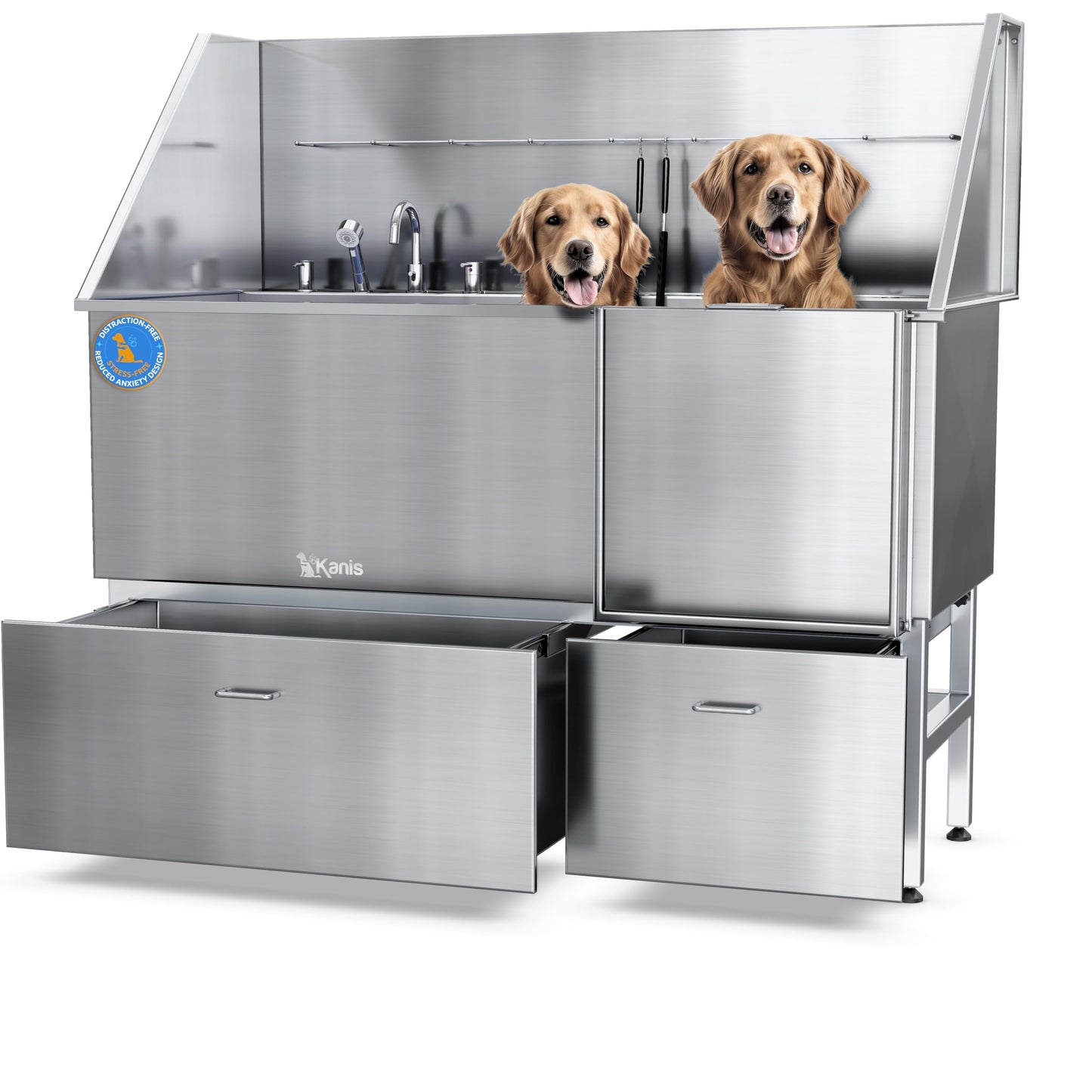 KANIS Professional Stainless Steel Dog Bathing Station - Grooming Tub w/Ramp, Storage Drawer, Floor Grate & Faucet/Dog Bathtub for Large, Medium & Small Pets (50", Left RAMP - 1 Drawer)