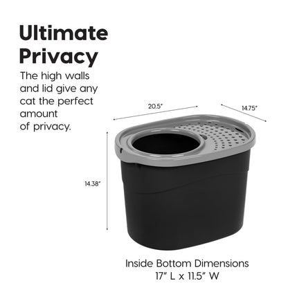 IRIS USA Cat Litter Box, Large Top Entry with Litter Catching Lid and Scoop, Dog Proof, Enclosed Cat Litter Box, Black/Gray
