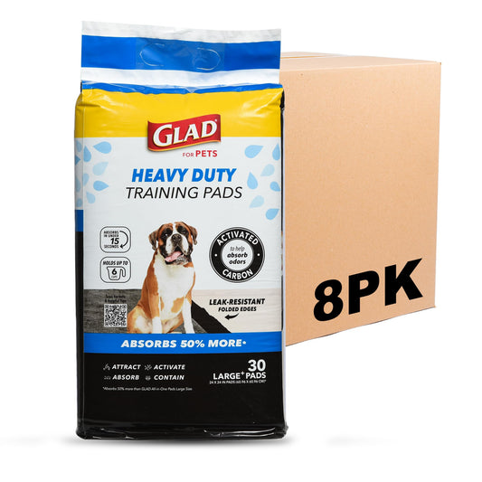 Glad for Pets Heavy Duty Activated Carbon Training Pads, 24" x 24" - Ultra Absorbent - Absorbs 50% More Than Standard; Puppy Potty Training Pads, 8 Pack