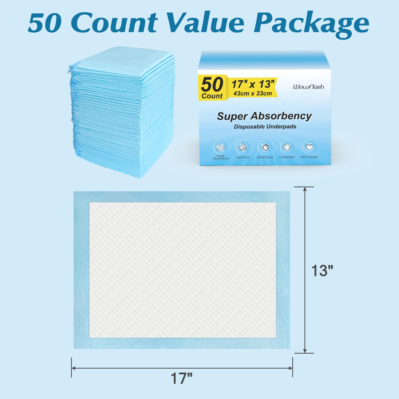 50 Count Super Absorbency Disposable Underpads, Leakproof Quick Drying Disposable Pads for Baby, Puppy and Adults, Disposable Changing Pads for Baby, Disposable Diaper Changing Pads, 17” x 13” - topratednest