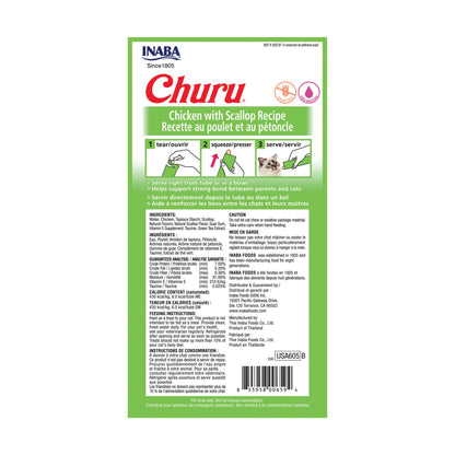 INABA Churu Cat Treats, Grain-Free, Lickable, Squeezable Creamy Purée Cat Treat/Topper with Vitamin E & Taurine, 0.5 Ounces Each Tube, 24 Tubes (4 per Pack), Chicken with Scallop Recipe