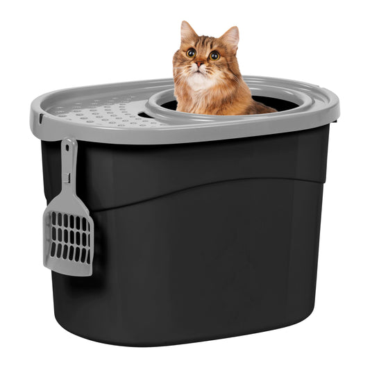 IRIS USA Cat Litter Box, Large Top Entry with Litter Catching Lid and Scoop, Dog Proof, Enclosed Cat Litter Box, Black/Gray