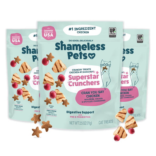 Shameless Pets Crunchy Cat Treats - Kitty Treats for Cats with Digestive Support, Natural Kitten Treats with Real Chicken, Healthy Flavored Feline Snacks - Cran You Say Chicken, 3-Pk