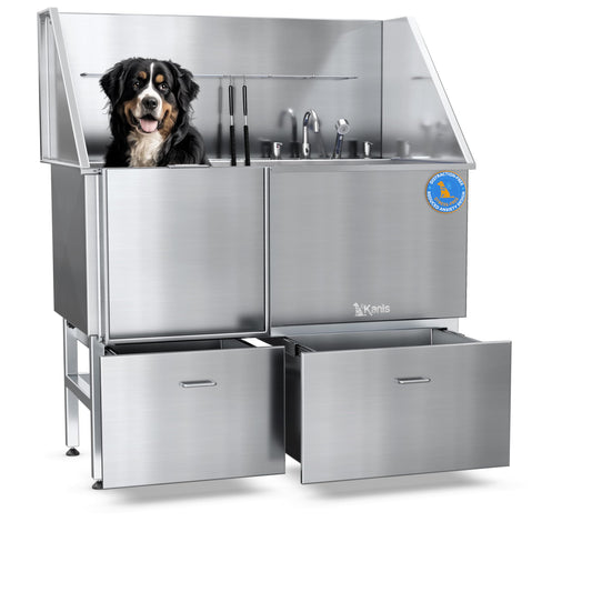 KANIS Professional Stainless Steel Dog Bathing Station - Grooming Tub w/Ramp, Storage Drawer, Floor Grate & Faucet/Dog Bathtub for Large, Medium & Small Pets (50", Left RAMP - 1 Drawer)