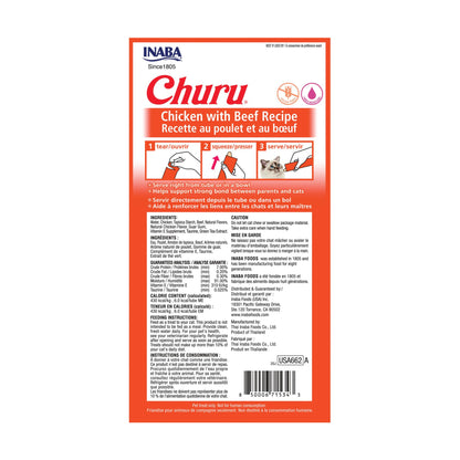INABA Churu Cat Treats, Grain-Free, Lickable, Squeezable Creamy Purée Cat Treat/Topper with Vitamin E & Taurine, 0.5 Ounces Each Tube, 24 Tubes (4 per Pack), Chicken with Beef Recipe