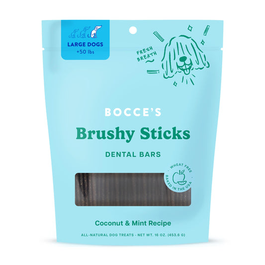 Bocce’s Bakery Dailies Brushy Sticks to Support Oral Health & Fresh Breath, Wheat-Free Dental Bars for Dogs, Made with Real Ingredients, Baked in the USA, All-Natural Coconut & Mint Recipe, Large Dogs