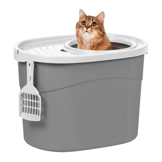 IRIS USA Cat Litter Box, Large Top Entry with Litter Catching Lid and Scoop, Dog Proof, Enclosed Cat Litter Box, Gray/White