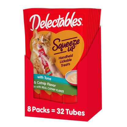 Hartz Delectables Squeeze Up Creamy Squeezable Puree, Lickable Wet Cat Treats, Grain Free, No Added Fillers, No by-Products, No Added Preservatives, 0.5 Ounces Tube Tuna with Catnip, 32 Tubes Total