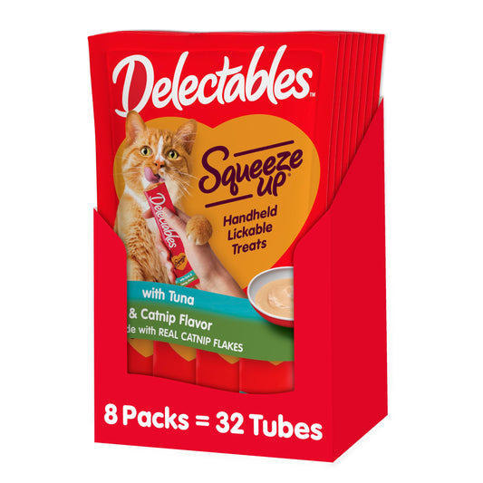 Hartz Delectables Squeeze Up Creamy Squeezable Puree, Lickable Wet Cat Treats, Grain Free, No Added Fillers, No by-Products, No Added Preservatives, 0.5 Ounces Tube Tuna with Catnip, 32 Tubes Total