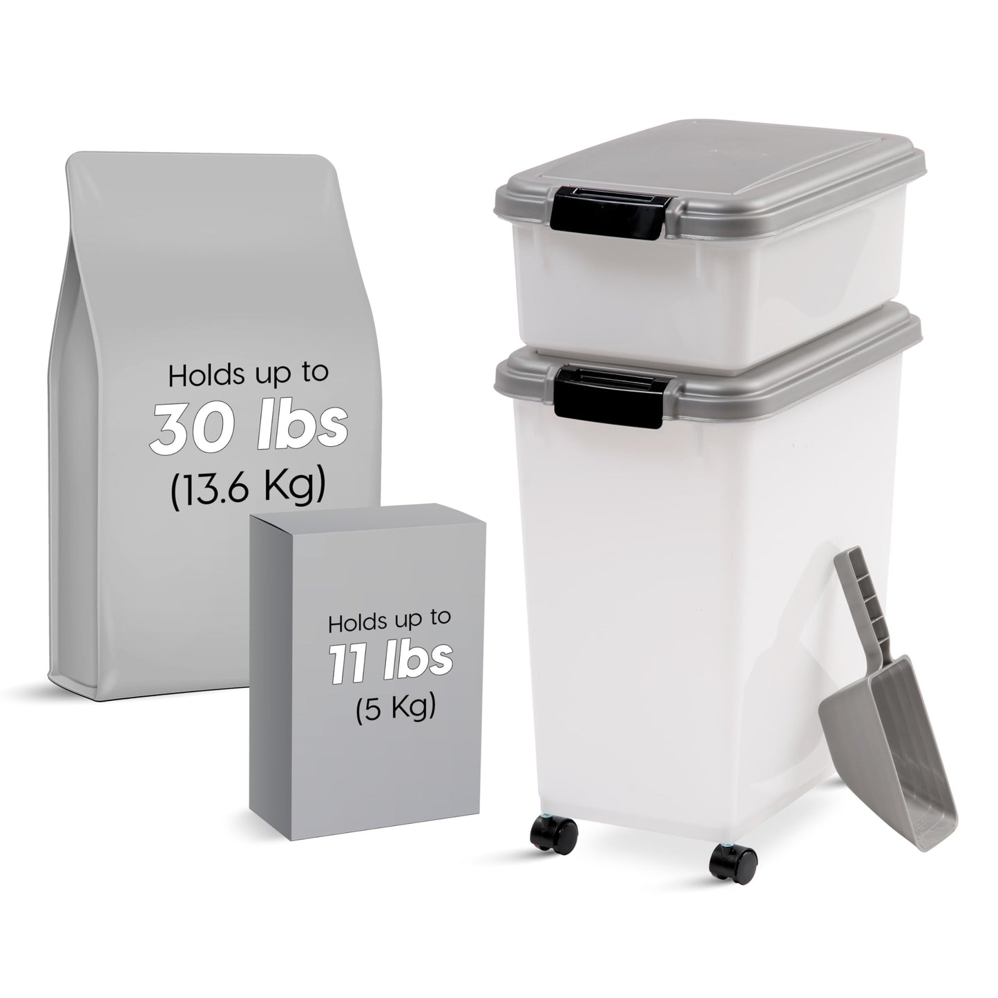 IRIS USA Dog Food Storage Container, 30 lbs & 11 lbs Combo, Cat Food Storage Container, Dog Treat Container, Airtight, Stackable, 2-Cup Scoop, Wheels, Easy Mobility, Silver