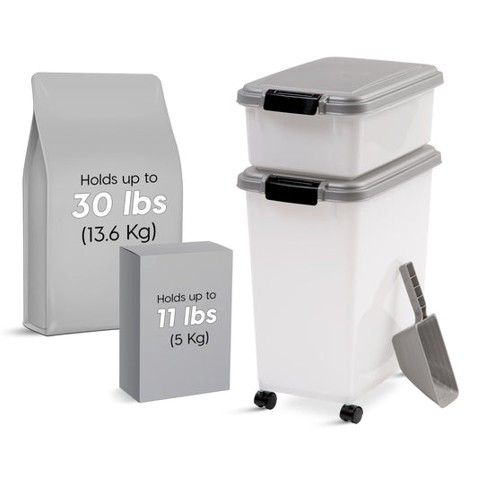 IRIS USA Dog Food Storage Container, 30 lbs & 11 lbs Combo, Cat Food Storage Container, Dog Treat Container, Airtight, Stackable, 2-Cup Scoop, Wheels, Easy Mobility, Silver