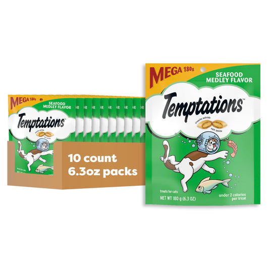 Temptations Classic Crunchy and Soft Cat Treats Seafood Medley Flavor, 6.3 oz. Pouch (Pack of 10)