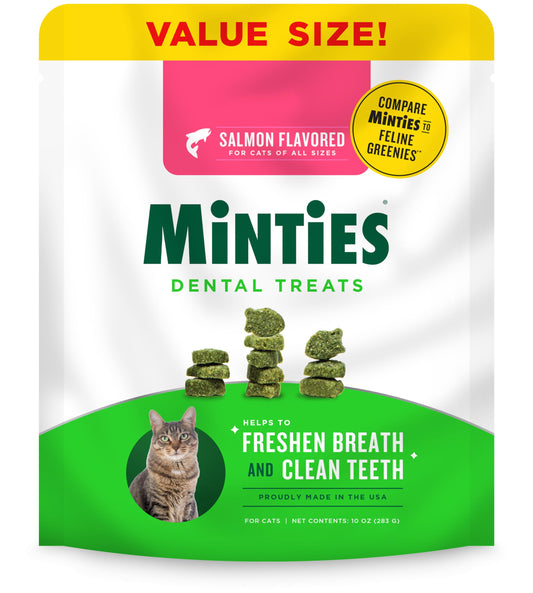 Minties Dental Treats for Cats, Salmon Flavored Treats for Cats, Freshens Breath and Controls Tartar, 10oz