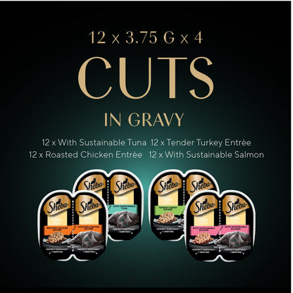 Sheba Perfect Portions Cuts in Gravy Wet Cat Food Variety Pack, Roasted Chicken Entrée, Tender Turkey Entrée, with Sustainable Salmon, and with Sustainable Tuna, 2.6 oz. Trays (48 Count, 96 Servings)