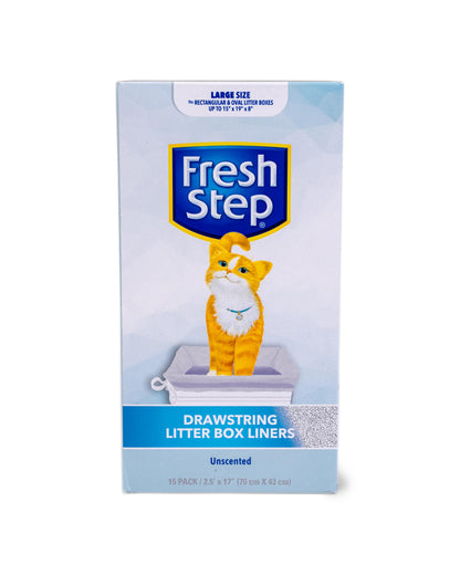 Fresh Step Drawstring Cat Litter Box Liners, Unscented, Size Large, 30" x 17" | Kitty Litter Bags - Cat Litter Liners for Rectangle or Oval Litterboxes, 15 Count - 12 Pack