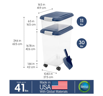 IRIS USA Dog Food Storage Container, 30 lbs & 11 lbs Combo, Cat Food Storage Container, Dog Treat Container, Airtight, Stackable, 2-Cup Scoop, Wheels, Easy Mobility, Navy