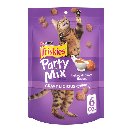 Purina Friskies Cat Treats, Party Mix Gravy-licious Crunch Turkey and Gravy Flavors - (Pack of 6) 6 oz. Pouches