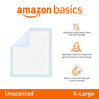 Amazon Basics Puppy Pads with Quick-Dry 5-Layer Leak-Proof Design for Potty Training, X-Large Size 28 x 34 Inch, Pack of 40, Blue & White - topratednest