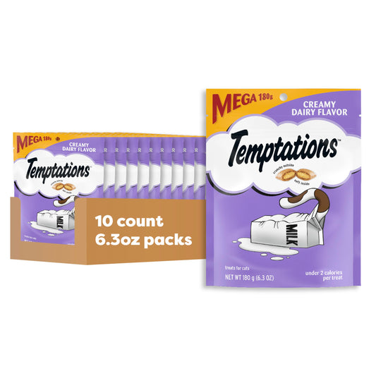 Temptations Classic Crunchy and Soft Cat Treats Creamy Dairy Flavor, 6.3 oz. Pouch (Pack of 10)