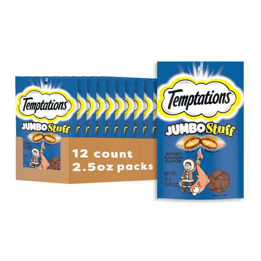 Temptations Jumbo Stuff Crunchy and Soft Cat Treats Savory Salmon Flavor, 2.5 oz. Pouch (Pack of 12)