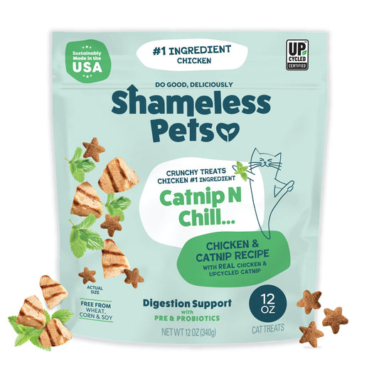 Shameless Pets Crunchy Cat Treats - Catnip Treats for Cats with Digestive Support, Kitten Treats with Real Chicken, Natural & Healthy Flavored Feline Snacks - Catnip N Chill, 1-Pk (12 Oz)