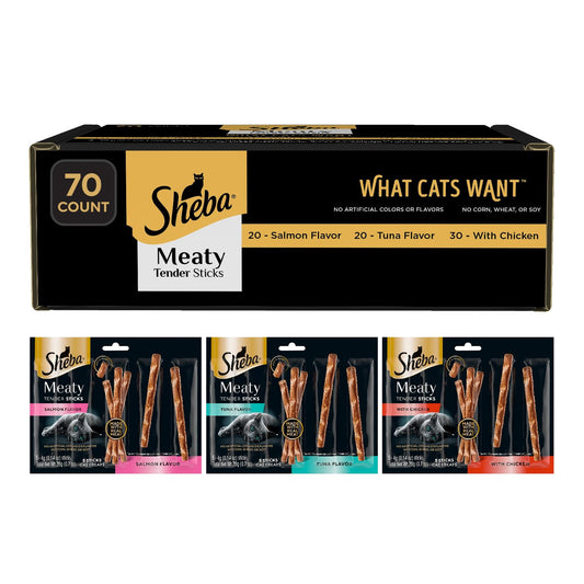 Sheba Meaty Tender Sticks Soft Cat Treats with Chicken, Tuna Flavor, and Salmon Flavor, 0.14 oz., 70 Count