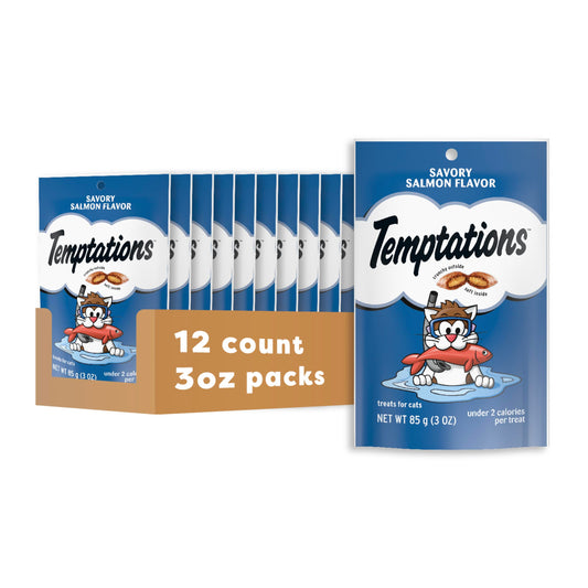 Temptations Classic Crunchy and Soft Cat Treats Savory Salmon Flavor, 3 oz. Pouch (Pack of 12)