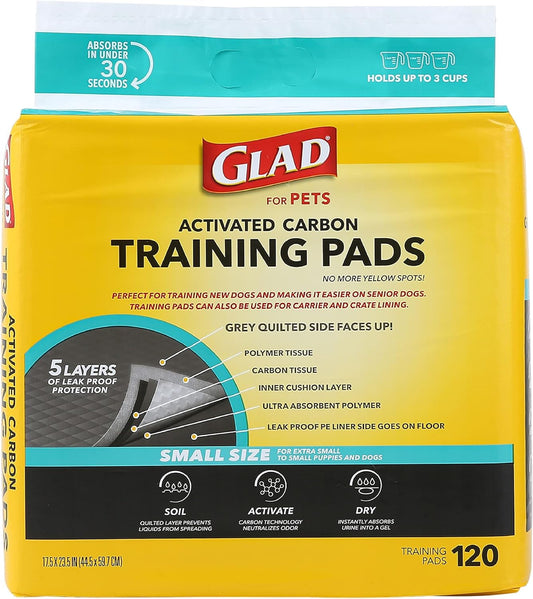 Glad for Pets Activated Charcoal Dog Training Pads, Small Size 17.5" x 23.5" Odor Absorbing, Pee Pads for Dogs Perfect for Training New Puppies, Charcoal, 120 Count (Pack of 2)