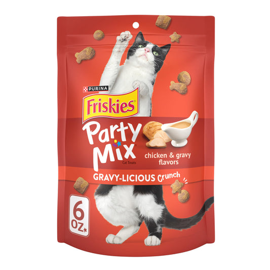 Purina Friskies Cat Treats, Party Mix Gravy-licious Crunch Chicken and Gravy Flavors - (Pack of 6) 6 oz. Pouches
