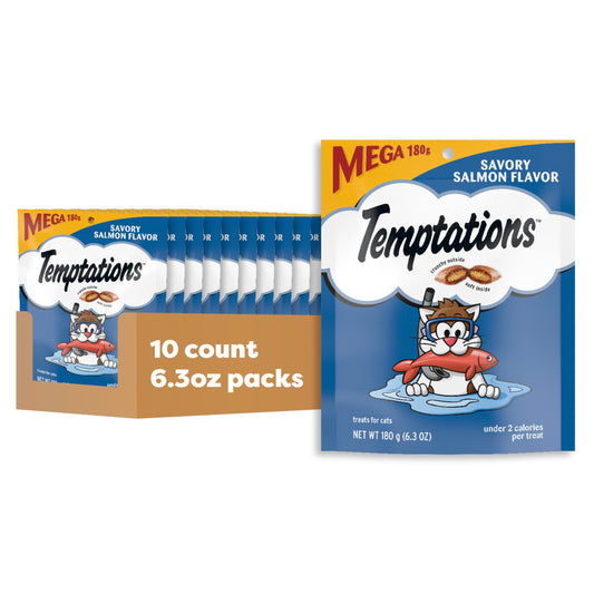 TEMPTATIONS Classic Crunchy and Soft Cat Treats Savory Salmon Flavor, 6.3 oz. Pouch (Pack of 10)