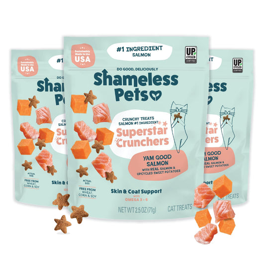 Shameless Pets Crunchy Cat Treats - Kitty Treats for Cats with Skin & Coat Support, Natural Ingredients Kitten Treats with Real Salmon, Healthy Flavored Feline Snacks - Yam Good Salmon, 3-Pk