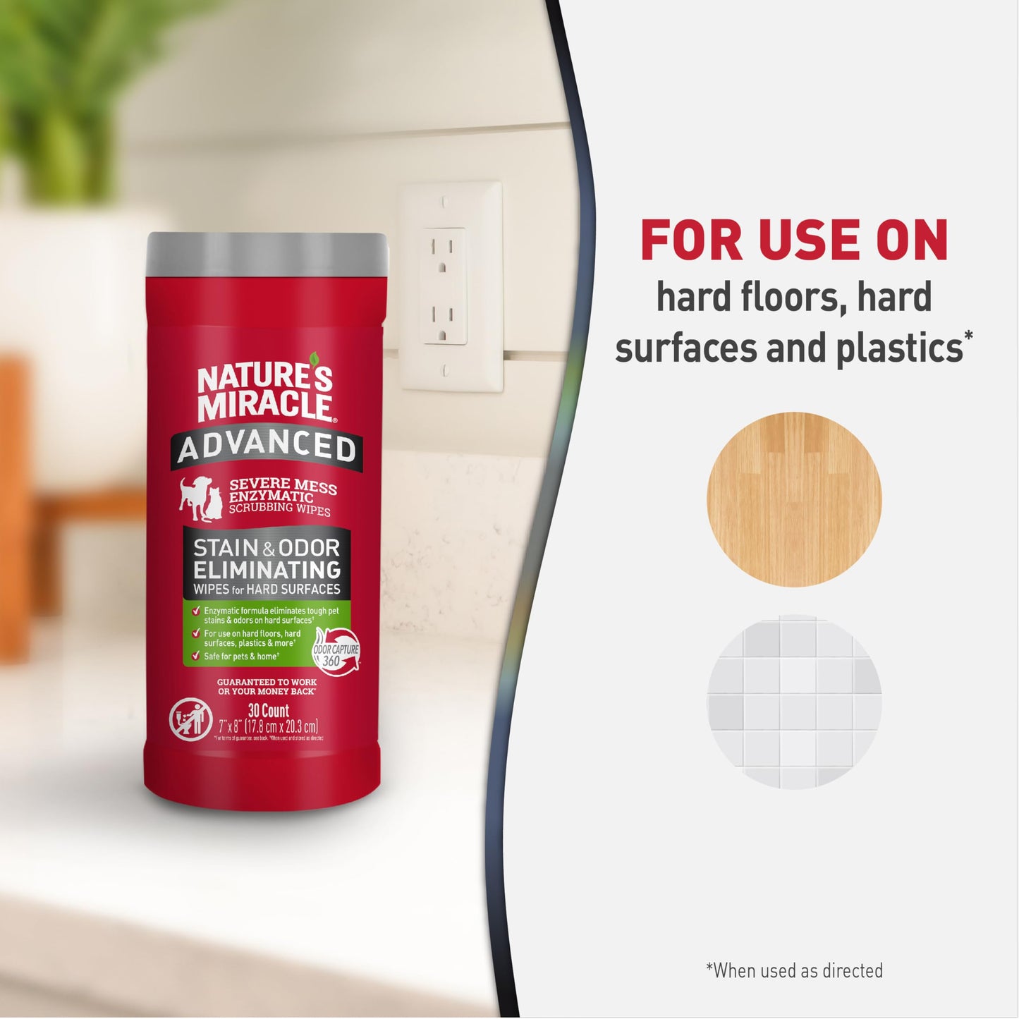 Nature's Miracle Nature’s Miracle Advanced Stain And Odor Eliminating Wipes for Hard Surfaces 30 Count, Enzymatic Formula Eliminates Tough Pet Messes