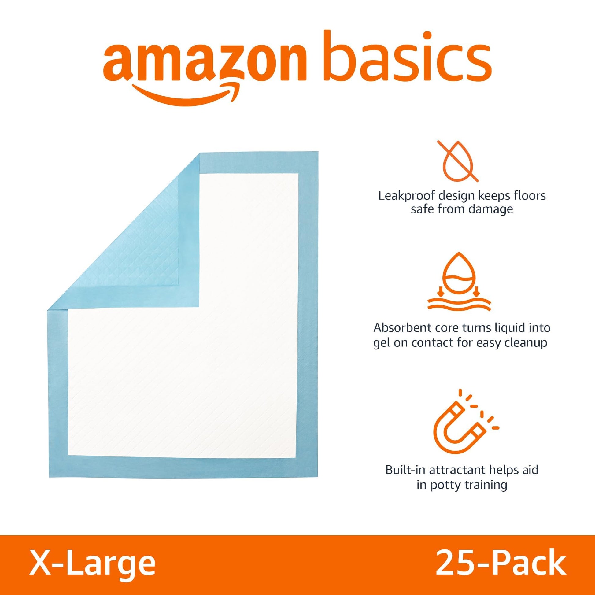Amazon Basics Dog and Puppy Pee Pads with 5-Layer Leak-Proof Design and Quick-Dry Surface for Potty Training, Heavy Duty Absorbency, X-Large, 28 x 34 Inch - Pack of 25, Blue & White - topratednest