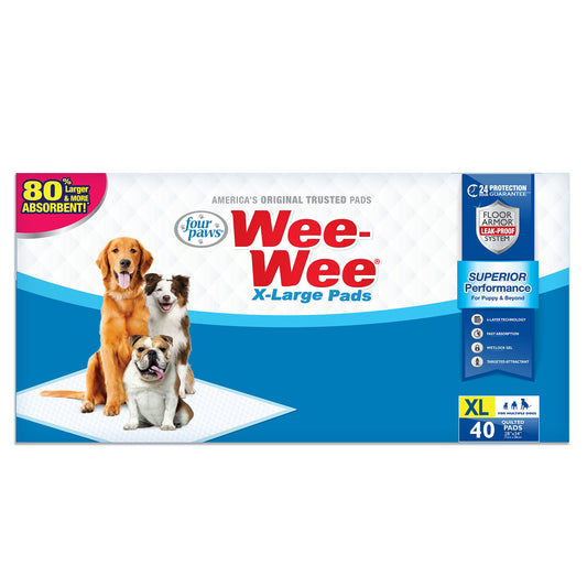 Four Paws Wee-Wee Superior Performance Unscented Extra-Large Pee Pads for Dogs & Puppies, Quilted Leak-Proof Dog Housebreaking Potty Training Floor Protection, 28" x 34", 40 Count